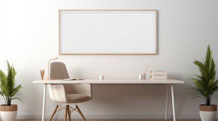 A sleek desk in a modern office space, bathed in natural light, with a white blank frame mockup on the wall behind it.