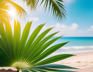 Ocean and palm tree leafs banner, Sea coast with copy space, summer beach background with view, sand and waves, tropical travel and vacation concept