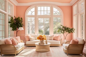Traditional Modern Peach Living Room with Large Window and Fresh Floral Arrangement