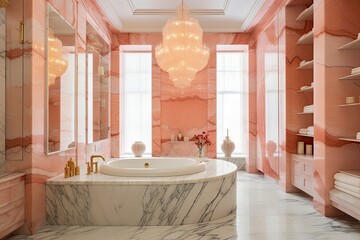 Luxurious Pink Marble Bathroom Interior with Gold Chandelier and Open Shelving