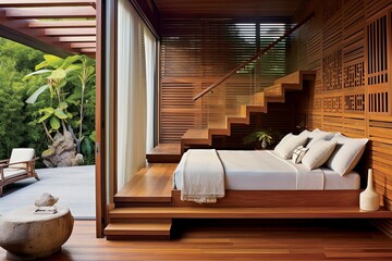 Eco Friendly Wooden Bedroom Interior with Jungle View and Staircase