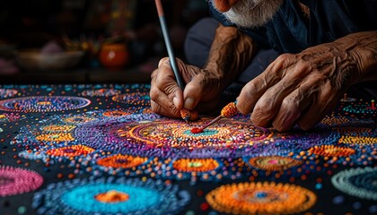 Artist drawing intricate circles in a sand mandala, detailed, meditative process,