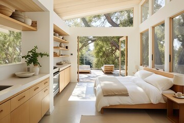 Peaceful Serene Tiny Home Bedroom with Nature View and Wood Accents with Kitchen