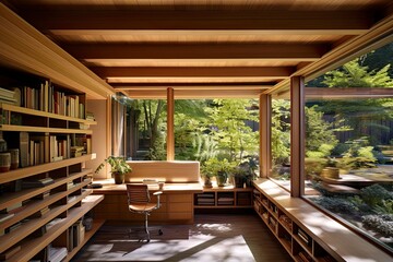 Modern Wooden Home Office with Garden View and Low Profile Shelf