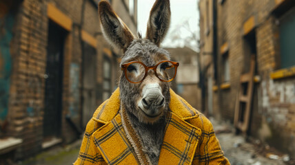 Dapper donkey strides through city streets in tailored elegance, embodying street style.