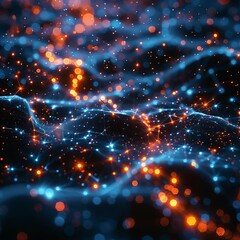 Abstract visualization of big data with interconnected nodes and flowing information streams - obrazy, fototapety, plakaty