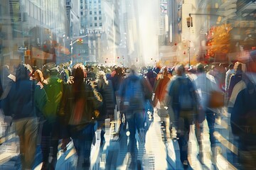 crowded city street with commuters during morning rush hour digital painting