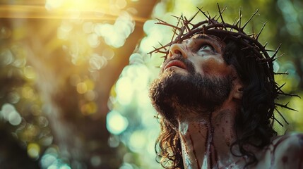 Jesus Christ in Crown of Thorns: Gazing Up at Heaven in Religious Scene