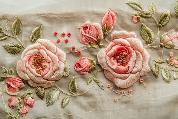 delicate roses embroidery pattern on beige fabric digital illustration