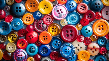 Buttons of different shapes and colors sewn onto a childs craft project, playful, bright,