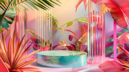Electric dream forest, fairy garden. Colorful  tropical leaves. vivid summer foliage. Abstract Utopia spring  elements, 3d podium 