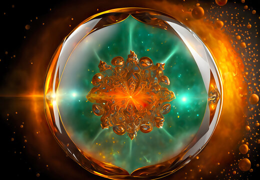 Angel creative emerald theme. Heavenly shiny round religious image in gold and green turquoise colors patterned with Archangel Raphael.