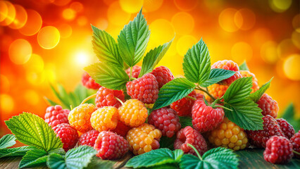 A vibrant close-up of ripe raspberries in a sunlit garden, highlighting the freshness and natural...