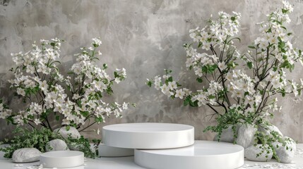 Spring Floral Podium Display with White Products on Table - Beauty and Nature in Garden Background for Cosmetic Gift Day