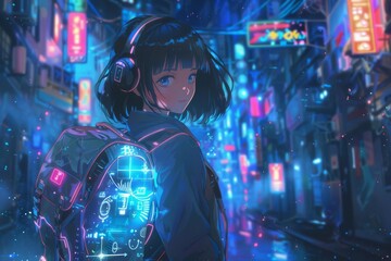 enchanting anime schoolgirl with futuristic backpack digital illustration