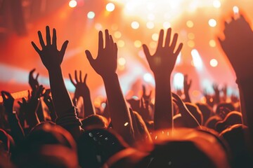 energetic concert crowd with raised hands immersed in the music experience