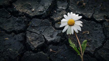 A single daisy emerges from the cracks of cracked black soil, symbolizing hope and resilience in challenging times. The contrast between the delicate flower and the harsh terrain adds depth 