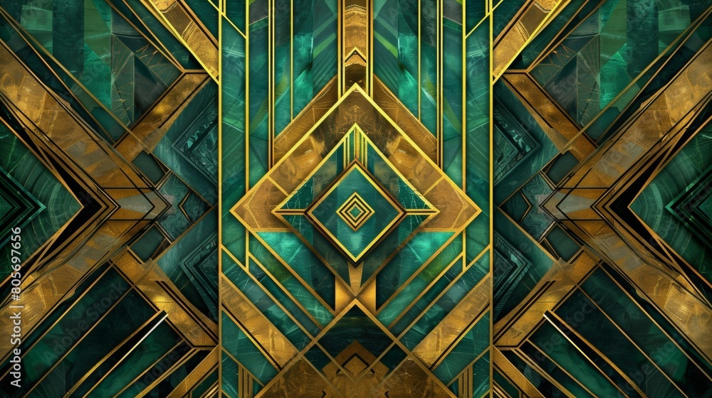 Aufkleber art deco style digital art featuring an array of golden lines and teal geometric shapes