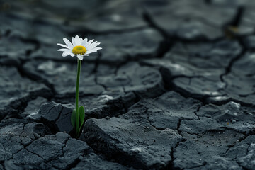 A single daisy emerges from the cracks of cracked black soil, symbolizing hope and resilience in challenging times. The contrast between the delicate flower and the harsh terrain adds depth 