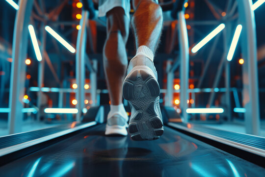 Treadmill Runner: Close-up Legs, Neon Lights, Fitness Focus, Forward Motion.