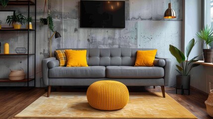 Modern Loft Living Room with Tufted Grey Sofa, Yellow Accents, and Concrete Wall