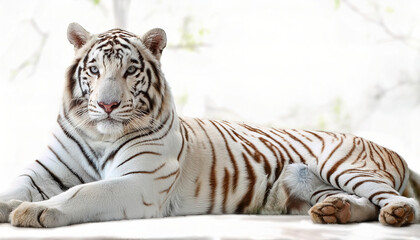 White or bleached tiger is a leucistic pigmentation variant of the mainland Asian continental tiger - Panthera tigris - laying facing camera isolated on white background