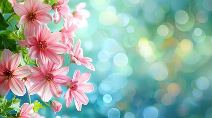 Fototapeta premium Pink flowers on natural bokeh green background.