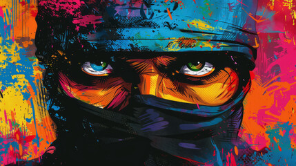 Portrait of ninja in colorful pop art comic style painting illustration. Halloween theme concept.