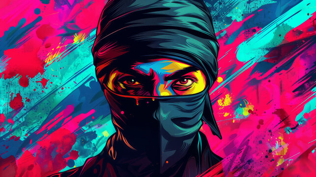 Portrait of ninja in colorful pop art comic style painting illustration. Halloween theme concept.