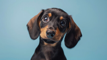 dachshund puppy with curious questioned face isolated on light blue background.