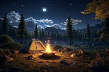 Night camping scene with tent and campfire