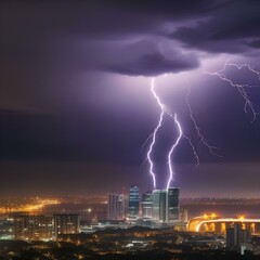 A dramatic lightning storm over a city skyline at night3