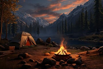 Camping by The Lake with Fire Pit at Dusk with Sunset Illuminating Snow Capped Mountains