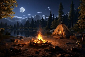 Camping by A Lake Under Moonlit Night Sky with A Bon Fire