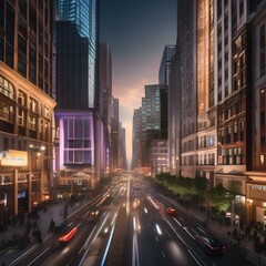 A bustling city street with tall buildings, bright lights, traffic, pedestrians, and street vendors3