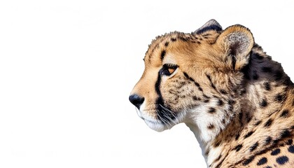 cheetah - Acinonyx jubatus - is a large cat and the fastest land animal. It has a tawny to creamy white or pale buff fur that is marked with  solid black spots. Side head view isolated on white