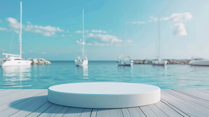 A white round object is on a wooden platform by the water