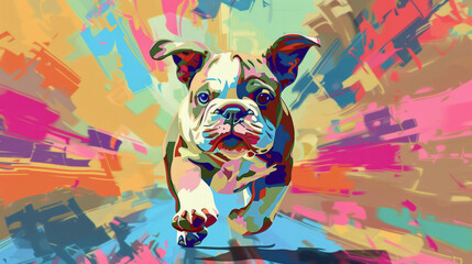 bulldog puppy running in colorful pop art comic style painting illustration.