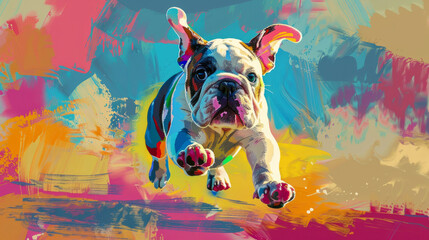 bulldog puppy running in colorful pop art comic style painting illustration.