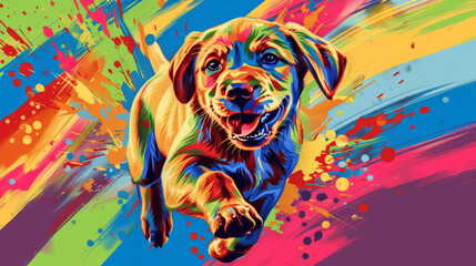 labrador retriever puppy running in colorful pop art comic style painting illustration.