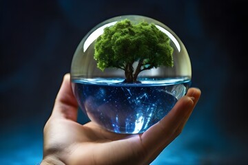 Earth crystal glass globe  and tree hold by hand ,  save the environment, ecology concept, sustainability , renewable energy , environmental  day , earth day