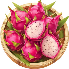 Dragon fruit in a bamboo tray, PNG isolated art