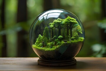 Earth crystal glass globe  and tree hold by hand ,  save the environment, ecology concept, sustainability , renewable energy , environmental  day , earth day