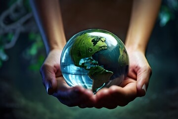 Earth crystal glass globe  and tree hold by hand ,  save the environment, ecology concept, sustainability , renewable energy , environmental  day , earth day