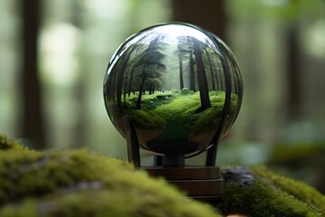 Earth crystal glass globe  and tree hold by hand ,  save the environment, ecology concept, sustainability , renewable energy , environmental  day , earth day