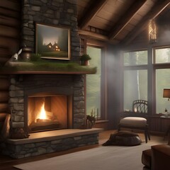 A peaceful cabin in the woods with smoke rising from the chimney, a deer, and a family of rabbits3