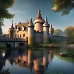 Obraz premium A whimsical fairy tale castle surrounded by a moat with a drawbridge and towers2