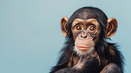 Adorable baby chimp isolated on light blue background with copy space.