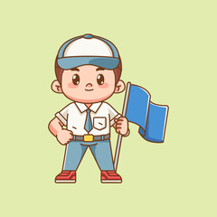 Cute boy Indonesian senior high school hold flag kawaii chibi character mascot illustration