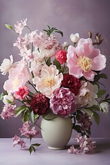 Obraz premium Ethereal floral arrangement in watercolor, showcasing pink tulips and forgetmenot flowers, symbolizing love, against a white backdrop , watercolor painting